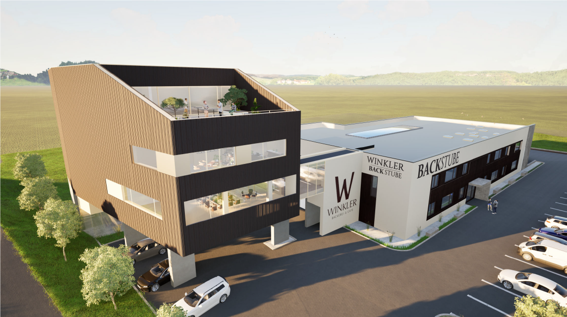 Das neue Verwaltungsgebäude der Bäckerei Winkler wird in nachhaltiger Holzbauweise errichtet und beherbergt künftig Büros, Sozialräume und die Winkler-Akademie. Bild: Bäckerei Winkler