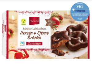 Die „Schoko-Lebkuchen Herzen Sterne Brezeln Zartbitter“ von Favorina überzeugen mit 73 von 100 Punkten. © Lidl