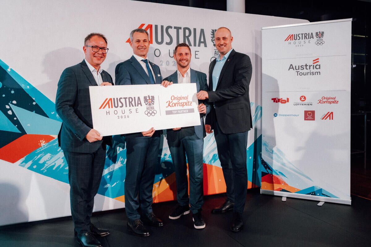 (vl.n.r.) backaldrin-Geschäftsführer Wolfgang Mayer, ÖOC-Präsident Horst Nussbaumer, Kornspitz-Sportdirektor Stefan Kletzenbauer und ÖOC-Generalsekretär Florian Gosch beim Partnerevent zum Austria House. © ÖOC Michael Meindl