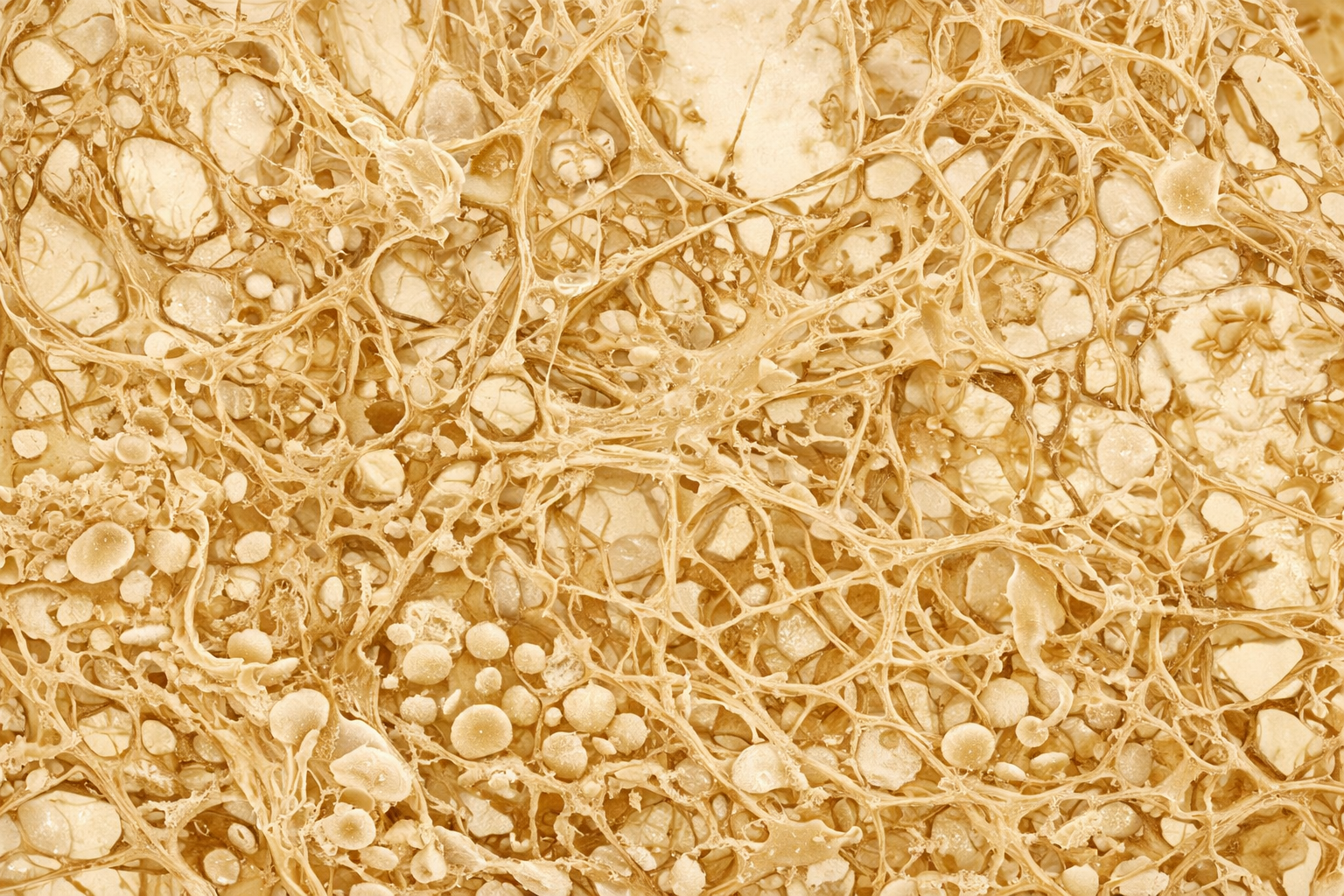 Das Glutennetzwerk (auch Klebereiweiß genannt) ist das essenzielle Strukturgerüst im Brotteig, das aus den Proteinen Glutenin und Gliadin bei Zugabe von Wasser und Kneten entsteht. © Illustration KI generiert